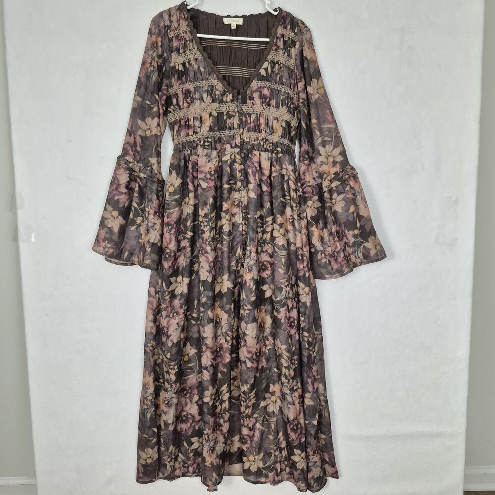 Promesa Small Brown Boho Blossoms Floral Bell-Sleeve Midi Dress Romantic Whimsy - Picture 6 of 12